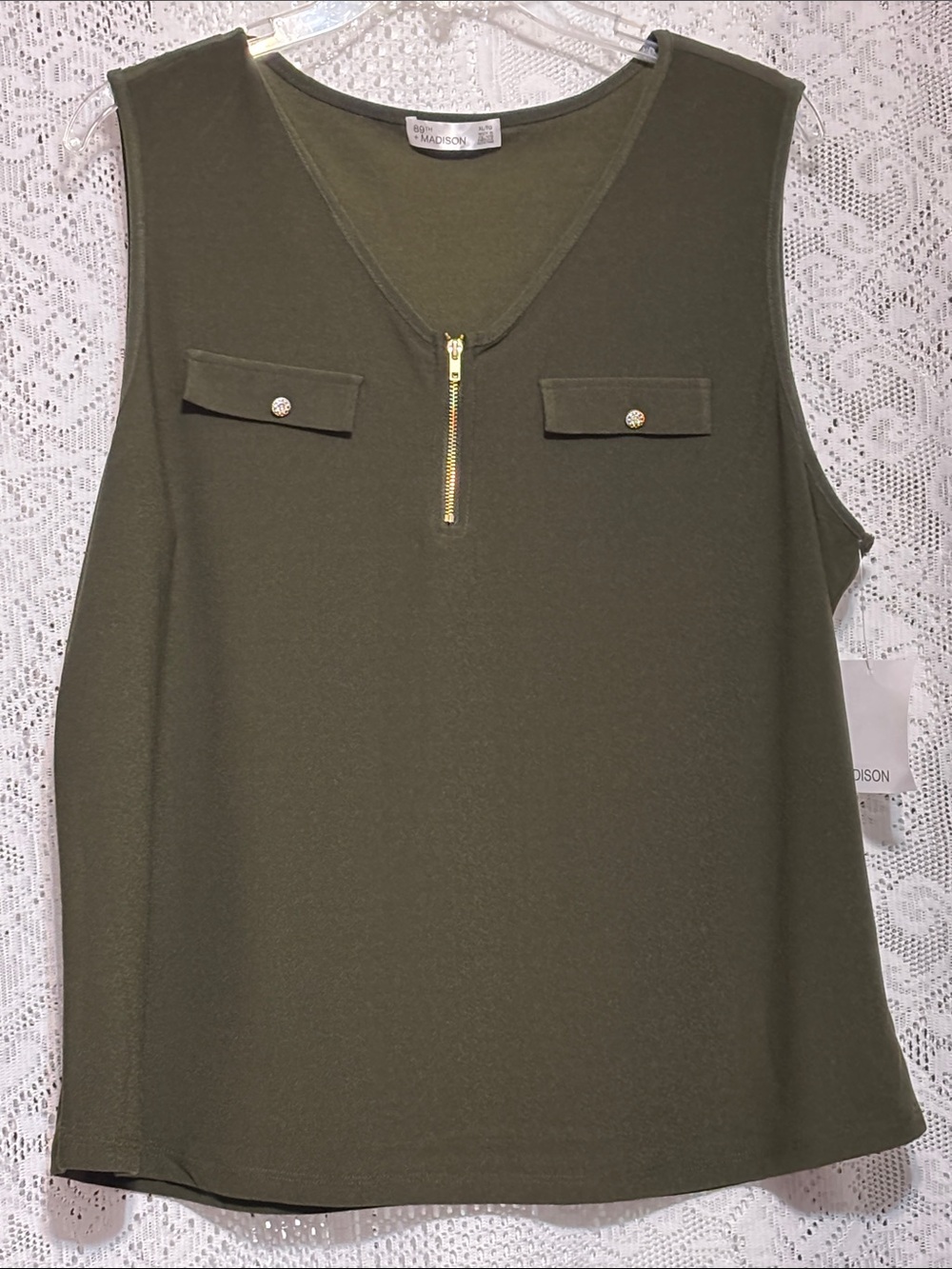89th & Madison Sleeveless V-Neck Olive Top with Gold Zip & glittery buttons